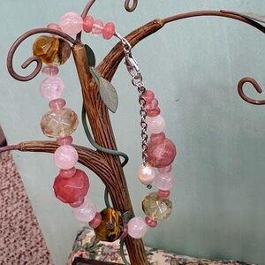Faceted Amphibole or Phantom Quartz w/ Rose & Pink Quartz Rounds Bracelet